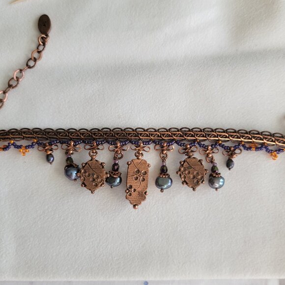 SATELLITE PARIS VINTAGE AMETHYST FACETED GLASS CHARMS/ DETAILED COPPER BRACELET - Picture 6 of 6